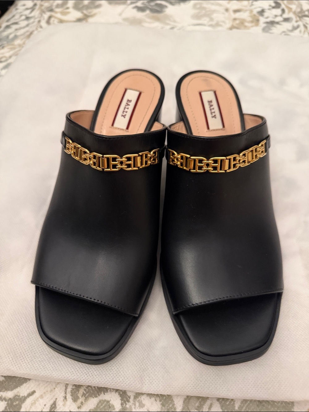 Bally Black Leather Open-Toe Mules with Gold Chain Trim